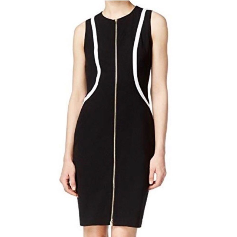 Calvin Klein Sheath Dress Womens 4 Black White Zip Front Gold Tone Sleeveless